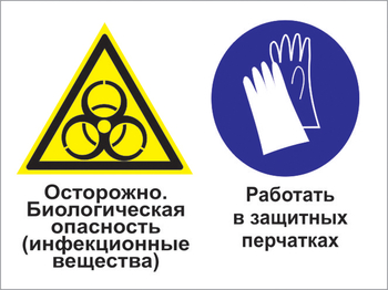 Кз 73осторожно - биологическая опасность (инфекционные вещества). работать в защитных перчатках. (пластик, 600х400 мм) - Знаки безопасности - Комбинированные знаки безопасности - Магазин охраны труда ИЗО Стиль